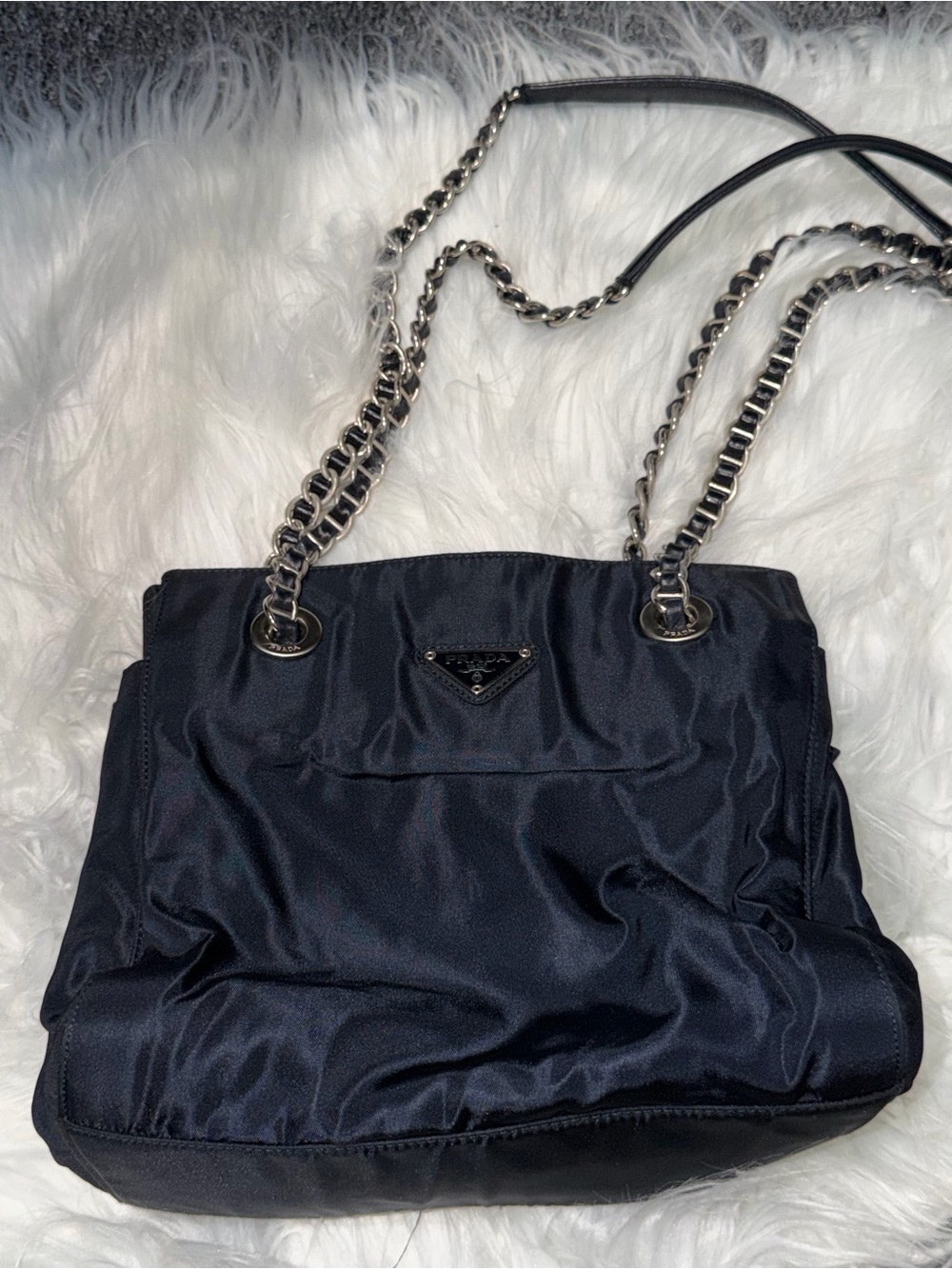 Prada Black Satin Shoulder Bag with Silver Chain Straps
